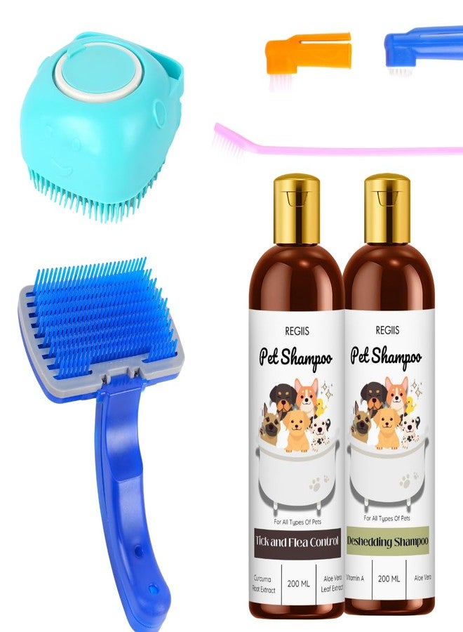 REGIIS Pet Shampoo for Dogs, Tick and Flea Control, Deshedding Shampoo, 200 ML, 2 Pack with Grooming Brushes(5 Pack) - Image 1